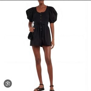 MABLE puff sleeve black romper, tie waist, Georgina, Small